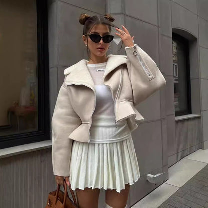 Damen trendige Kurzjacke mit flauschigem Innenfutter und Reißverschluss Merchesia