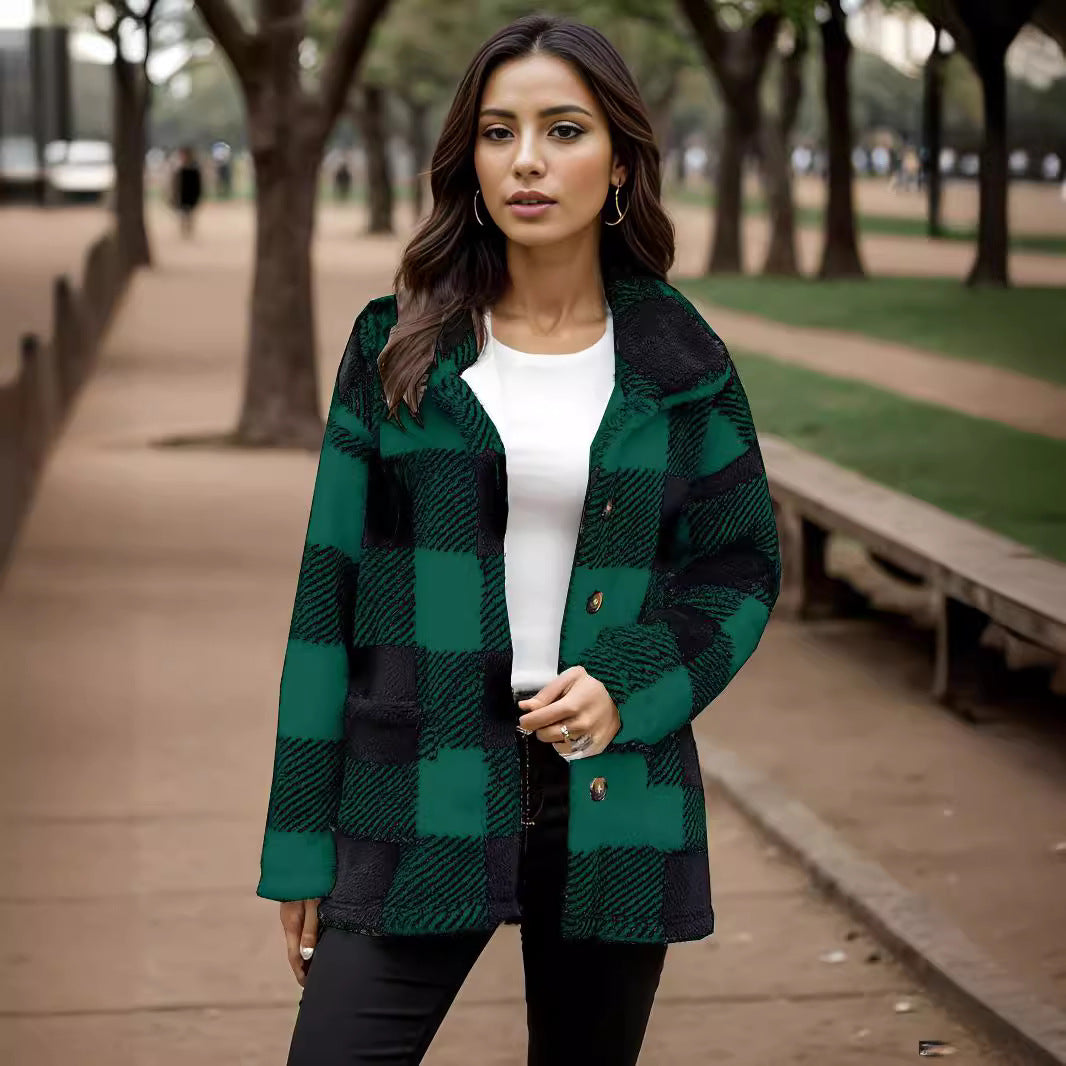 Damen Kuschelige Karojacke mit Druckknopfverschluss und Seitentaschen Merchesia