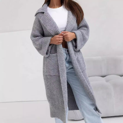 Damen Langer Strickmantel mit Kapuze und praktischen Taschen Merchesia