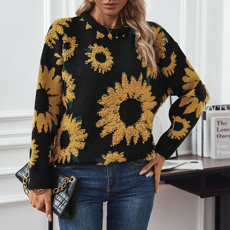Damen kuscheliger Pullover mit Sonnenblumenmotiv Merchesia