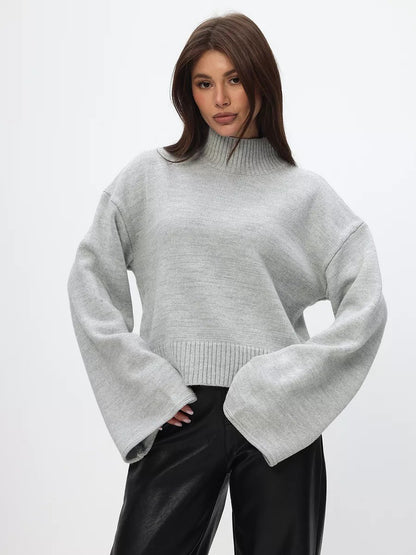 Damen modisches Oversized Strickpullover mit breiten Ärmeln und hochgeschlossenem Kragen Merchesia