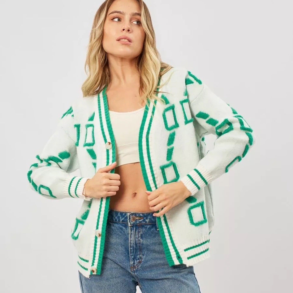 Damen Oversized Strickjacke mit großem geometrischen Muster und Knopfverschluss Merchesia