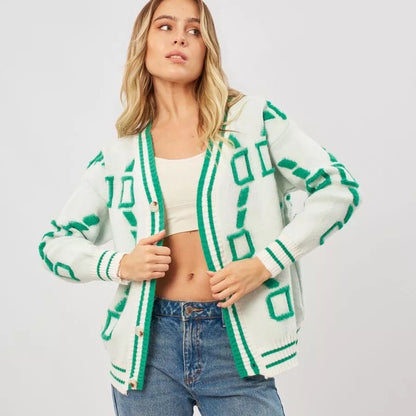 Damen Oversized Strickjacke mit großem geometrischen Muster und Knopfverschluss Merchesia