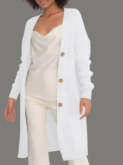 Damen Lange Strickjacke mit Knopfdetails und praktischen Taschen Merchesia