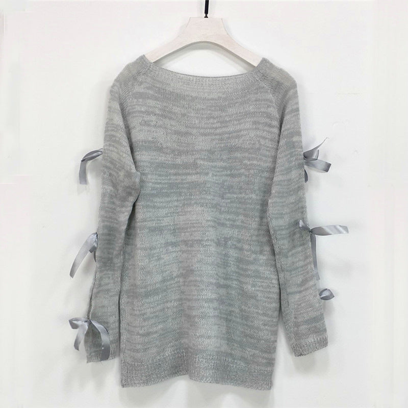 Damen Strickpullover mit offener Schulter und raffinierten Schleifendetails Merchesia