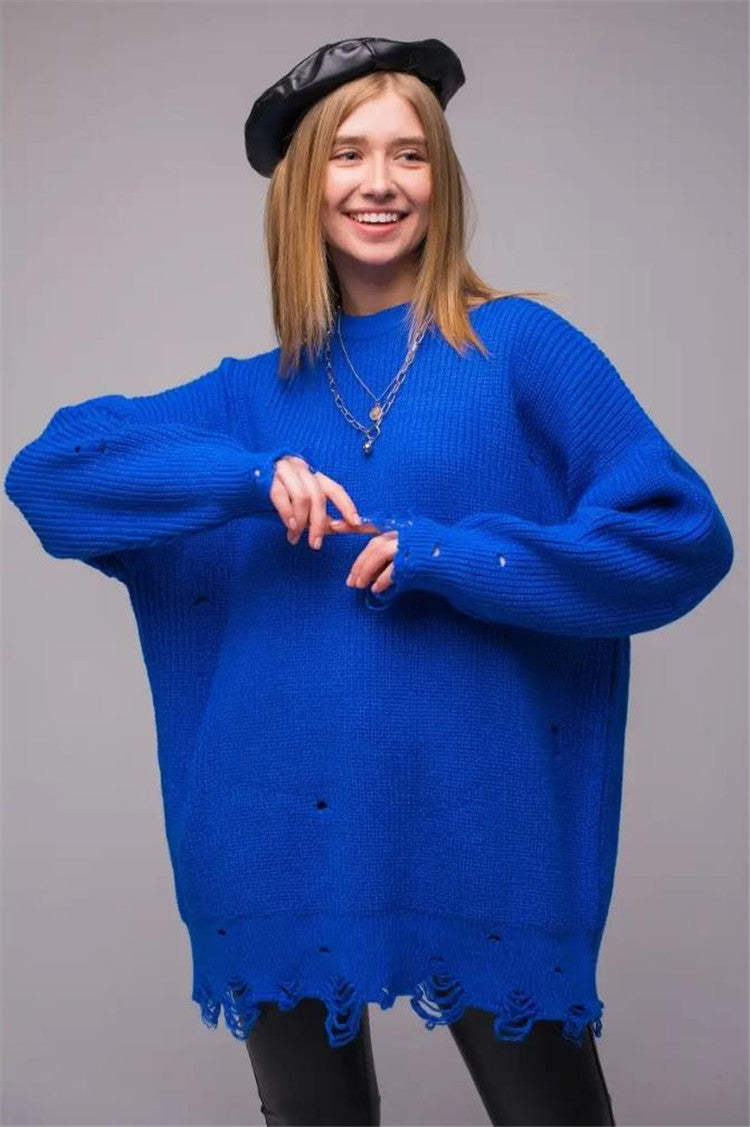 Damen Oversized Strickpullover mit einzigartigem Lochmuster und Rippenstruktur Merchesia