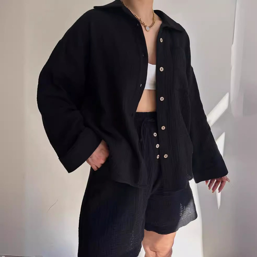 Damen lässige Overshirtjacke aus leichtem Material mit Holzknöpfen Merchesia