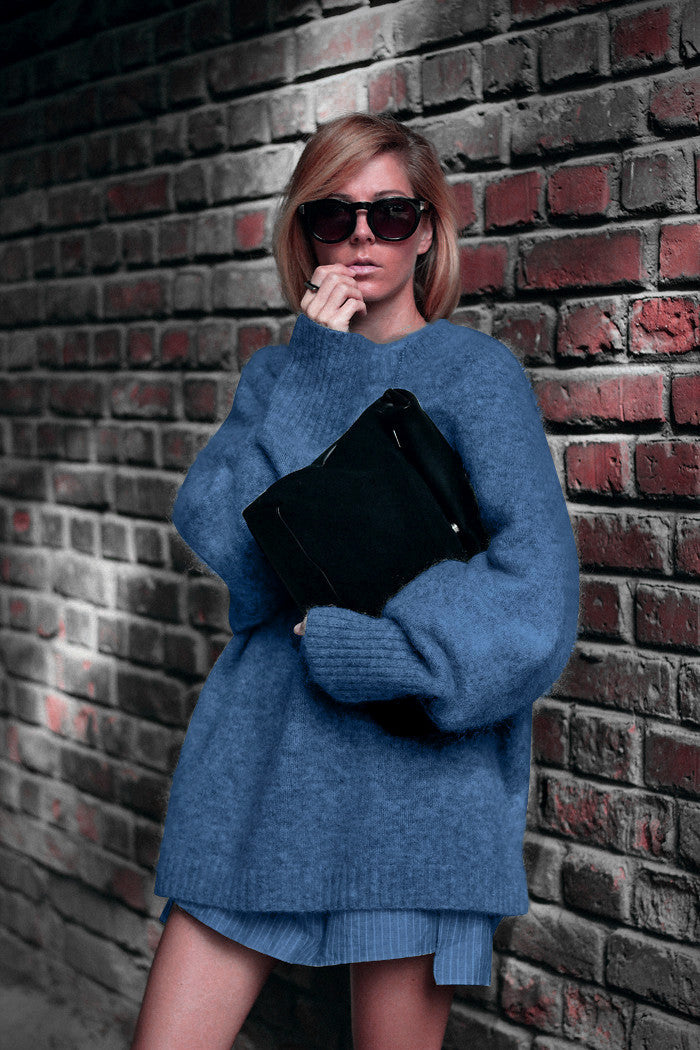 Damen Oversized Strickpullover mit hochabschließendem Kragen und voluminösen Ärmeln Merchesia