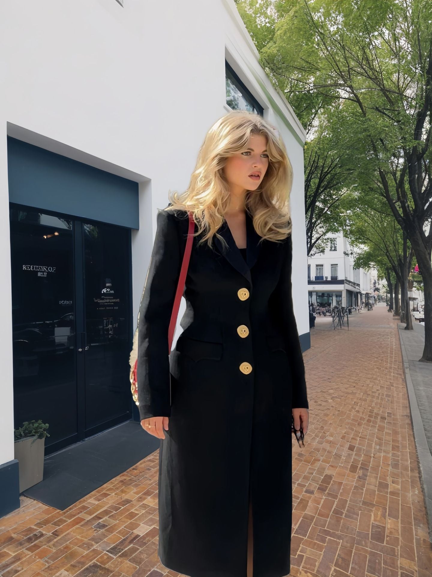 Damen Eleganter Langmantel mit goldenen Knöpfen und klassischem Schnitt Merchesia