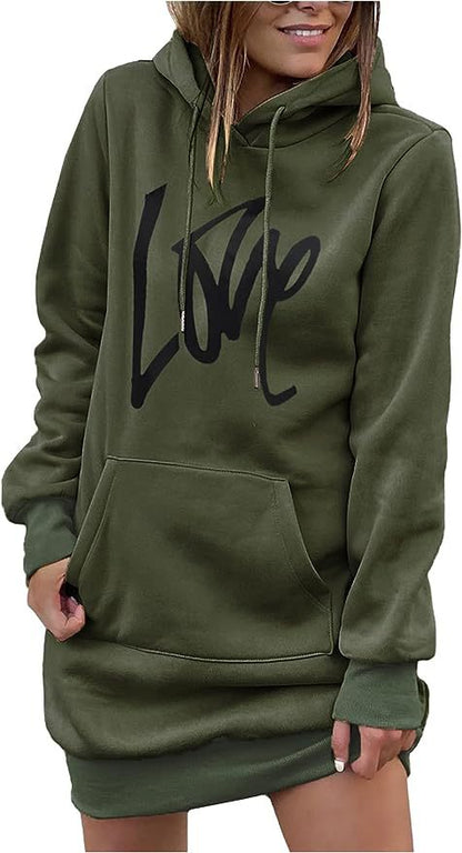 Damen Hoodie-Kleid mit Kängurutasche und auffälligem Schriftzug Merchesia