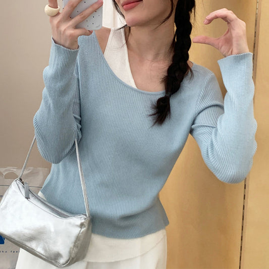 Damen lässiger V-Ausschnitt Strickpullover mit kontrastrierendem Saum Merchesia