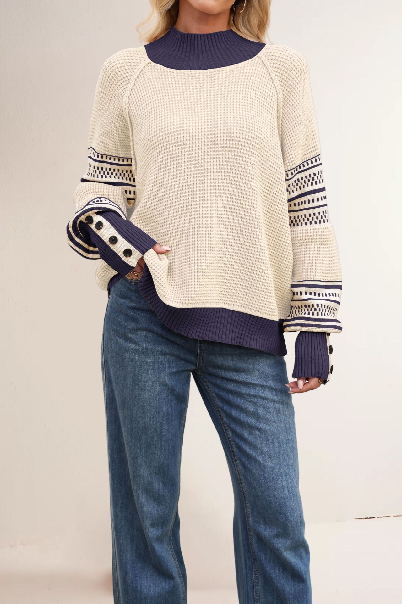 Damen Strickpullover mit modernem Strukturdesign und Knopfdetails Merchesia