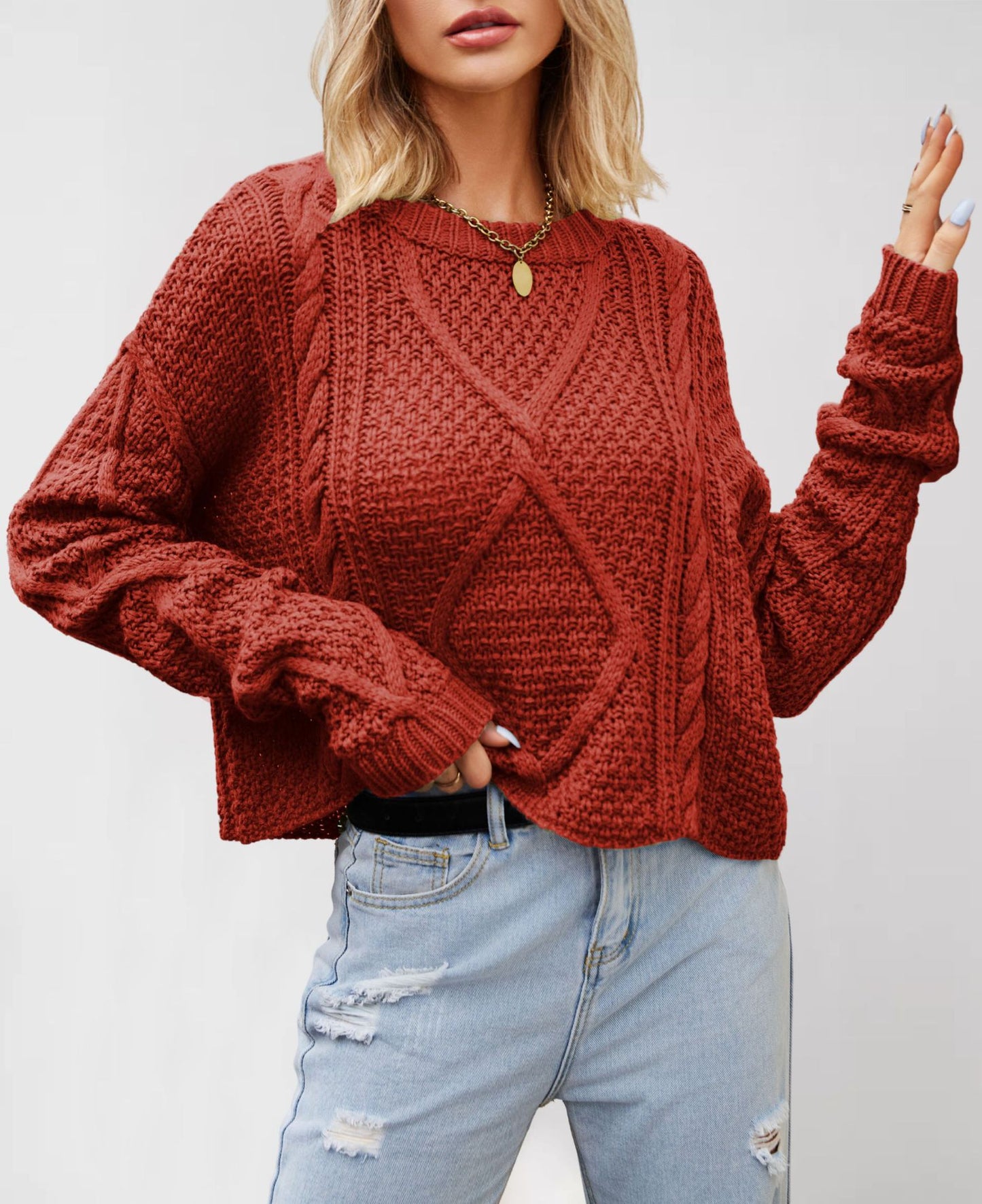 Damen Grobstrickpullover mit strukturiertem Zopfmuster Merchesia