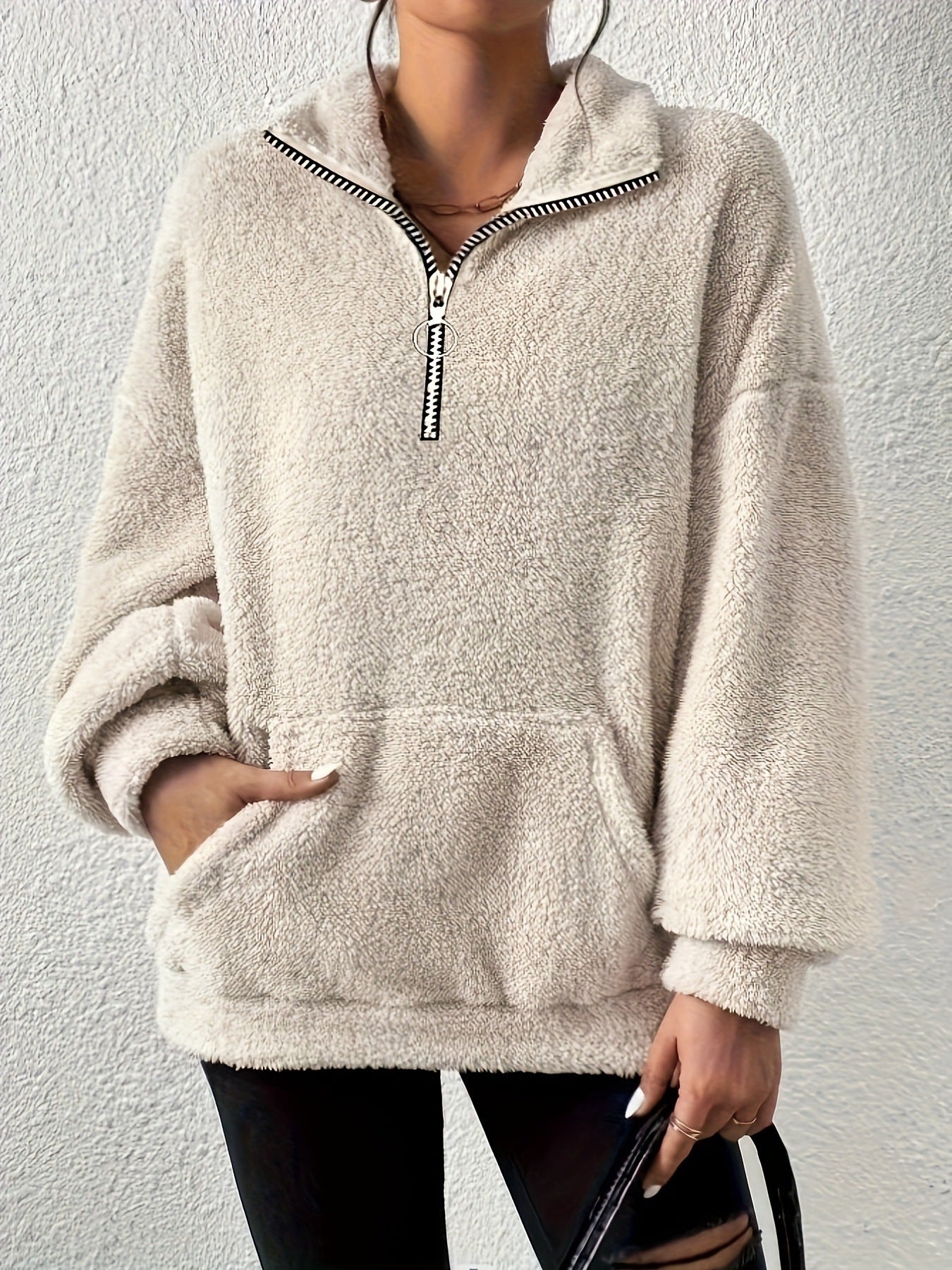 Damen kuscheliger Fleece-Pullover mit halbem Reißverschluss und Seitentaschen Merchesia