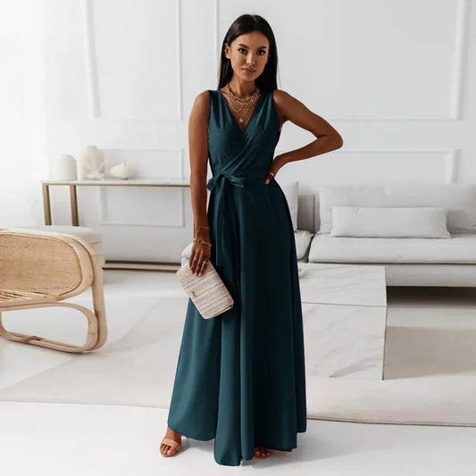 Damen einfarbig V-Ausschnitt Langes Kleid