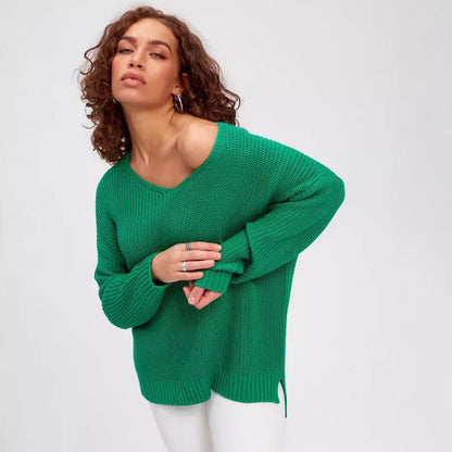 Damen lässiger Strickpullover mit tiefem V-Ausschnitt und seitlichen Schlitzen Merchesia
