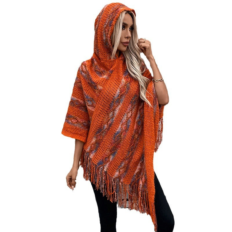 Damen Strickponcho mit Kapuze und fransigem Design Merchesia