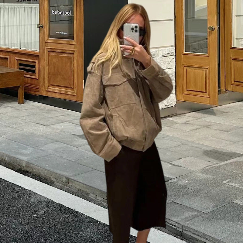 Damen Fetziges Wildlederjacke mit praktischen Taschen Merchesia