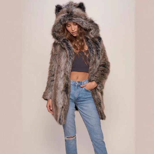 Damen Hooded Faux-Fur-Mantel mit Ohrenschützer Merchesia