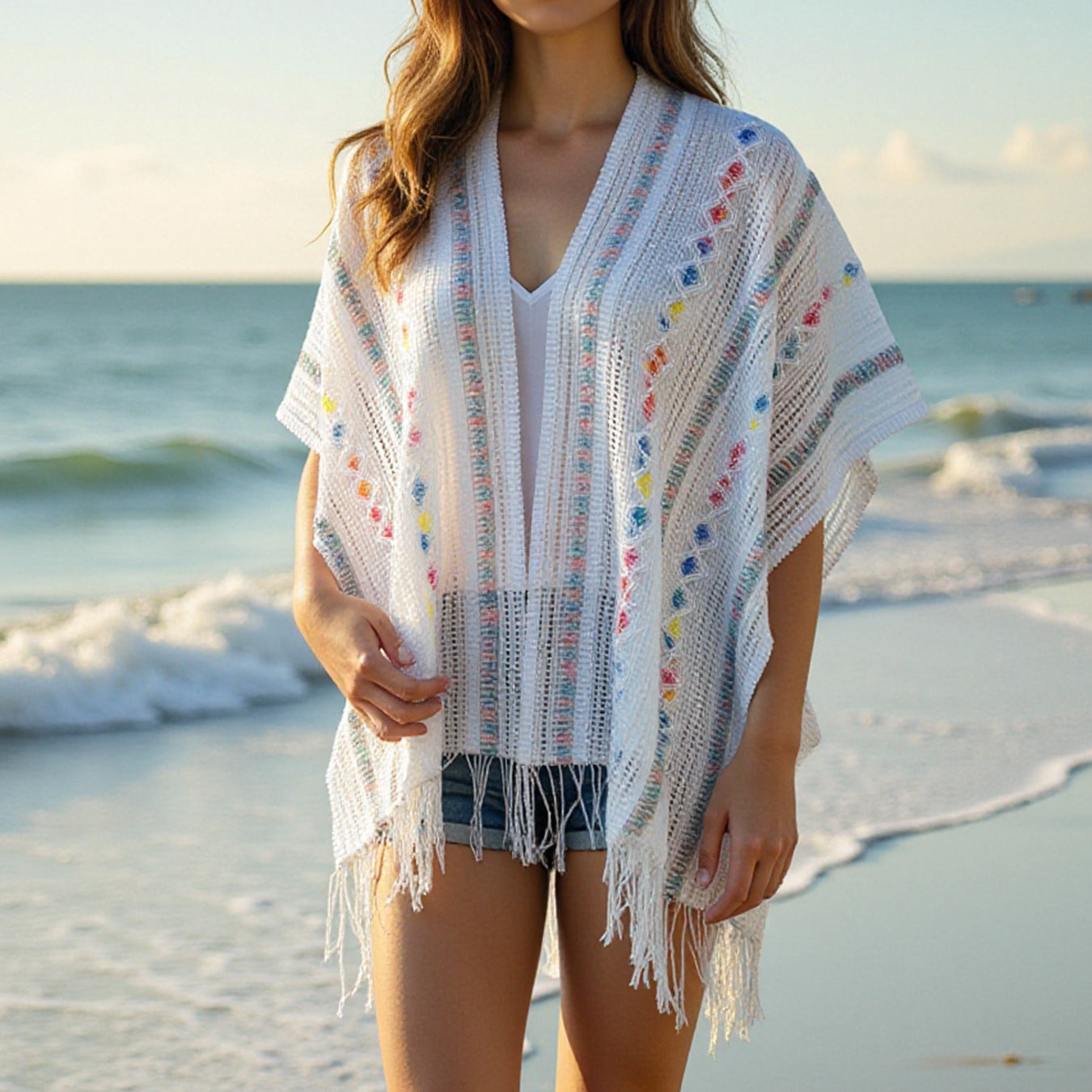 Damen lässiger Poncho mit fransigen Details und bunter Musterung Merchesia