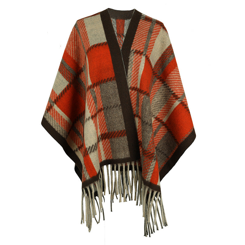 Damen eleganter Poncho mit modernem Karomuster und Fransen Merchesia