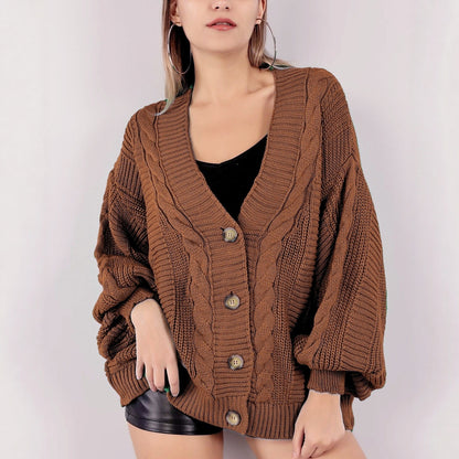 Damen Grobstrickjacke mit eleganter Knopfleiste und voluminösen Puffärmeln Merchesia