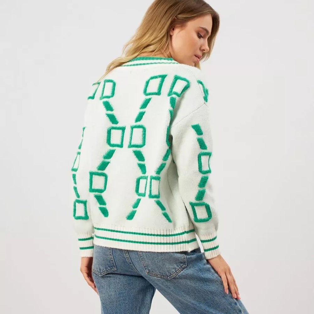 Damen Oversized Strickjacke mit großem geometrischen Muster und Knopfverschluss Merchesia