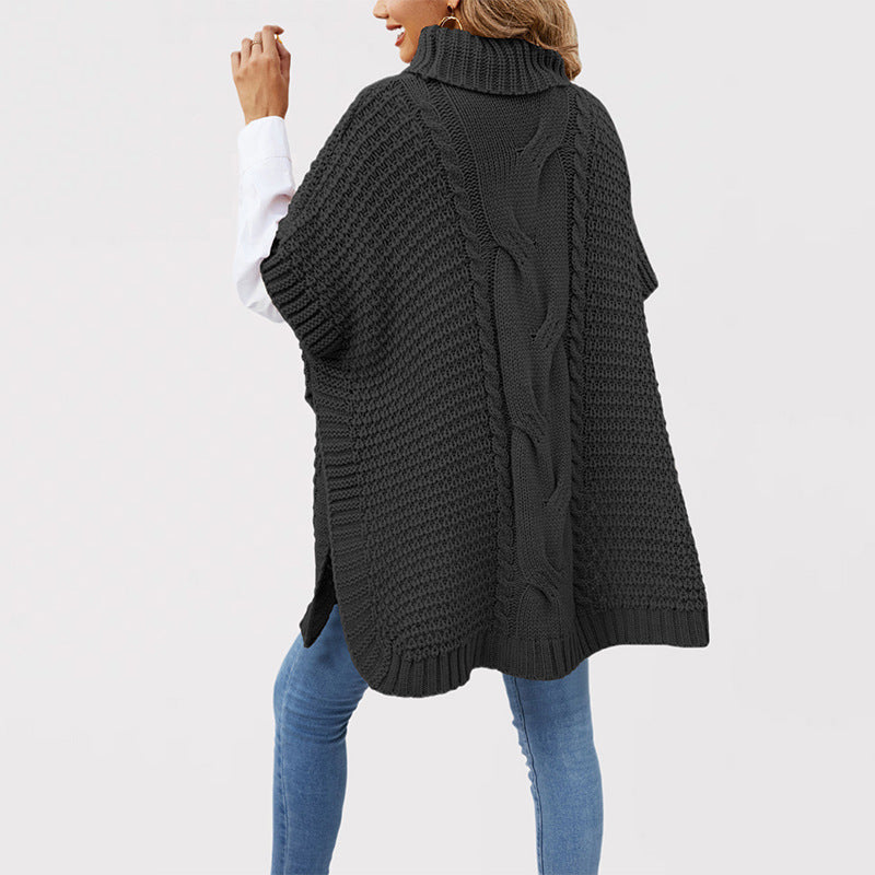 Damen Strickponcho mit hohen Kragen und Kabelmuster Merchesia