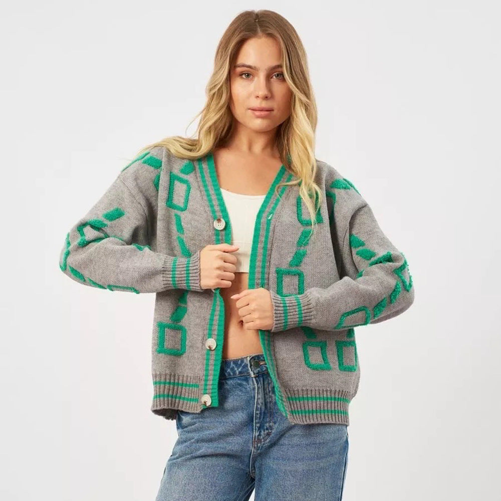 Damen Oversized Strickjacke mit großem geometrischen Muster und Knopfverschluss Merchesia