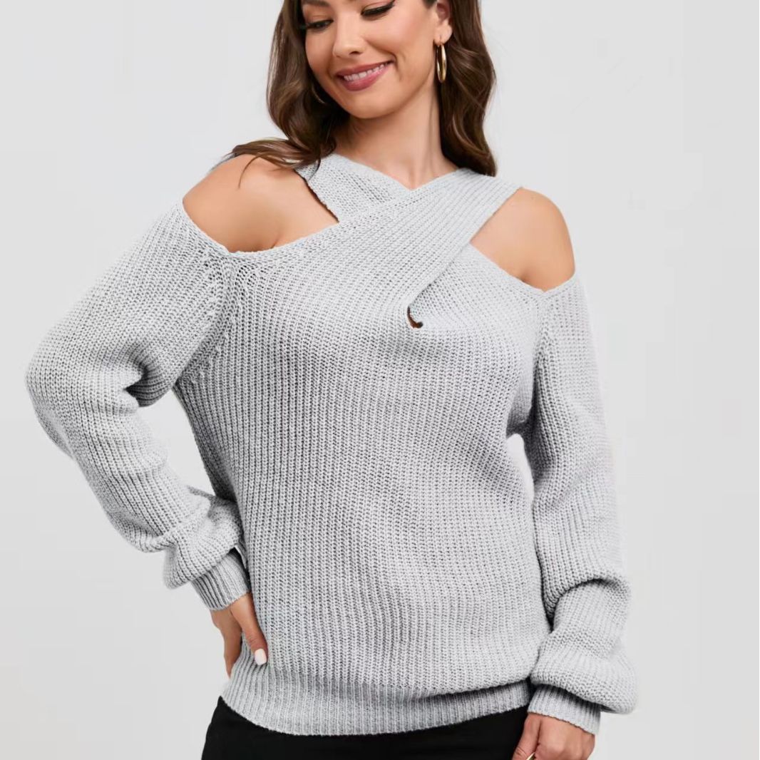 Damen Off-Shoulder Strickpullover mit asymmetrischem Design Merchesia