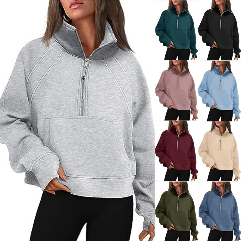 Damen kuscheliger Half-Zip Pullover mit Kapuze und Kängurutasche Merchesia