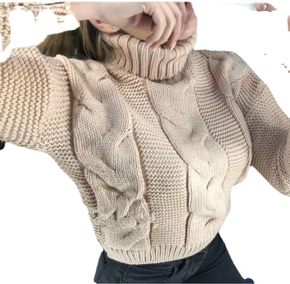 Damen oversized Strickpullover mit hohem Kragen und modischem Zopfmuster Merchesia