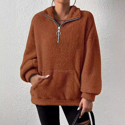 Damen kuscheliger Fleece-Pullover mit halbem Reißverschluss und Seitentaschen Merchesia