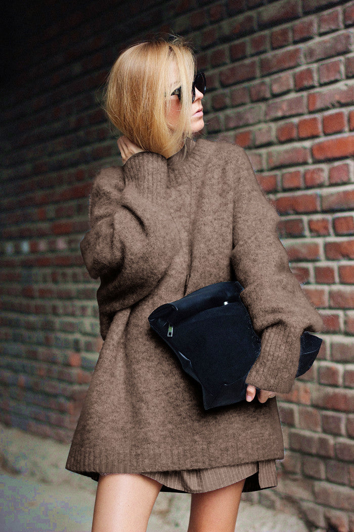 Damen Oversized Strickpullover mit hochabschließendem Kragen und voluminösen Ärmeln Merchesia