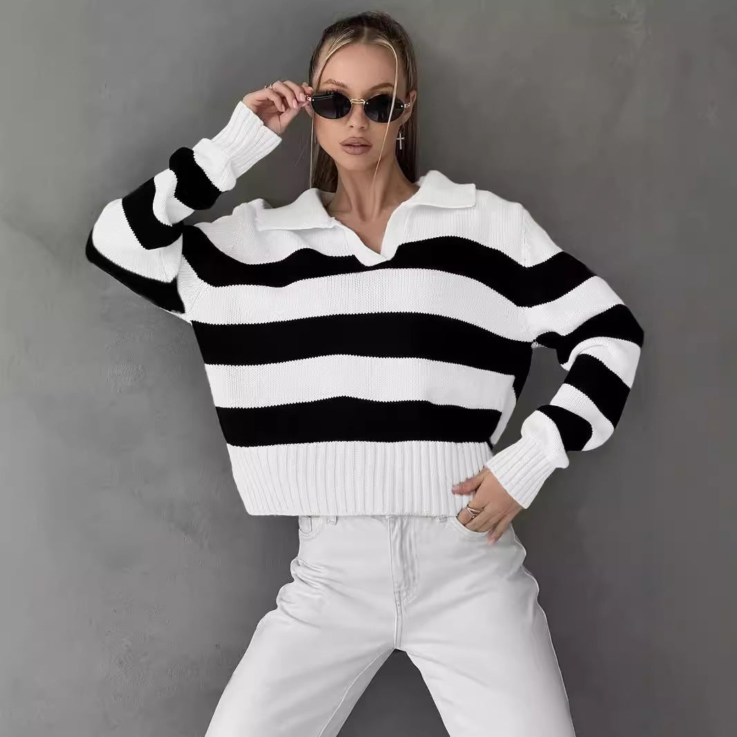 Damen Oversized Pullover mit klassischem Kragen und gestreiftem Design Merchesia