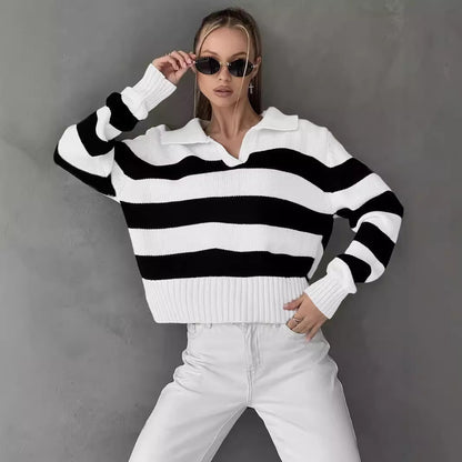 Damen Oversized Pullover mit klassischem Kragen und gestreiftem Design Merchesia