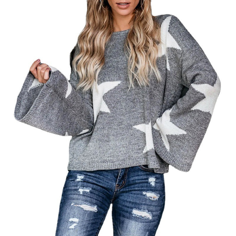 Damen modischer Pullover mit weit ausladenden Ärmeln und Sternenmotiv Merchesia