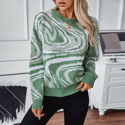 Damen gemusterter Strickpullover mit modernem Wellenmuster und Rundhalsausschnitt Merchesia