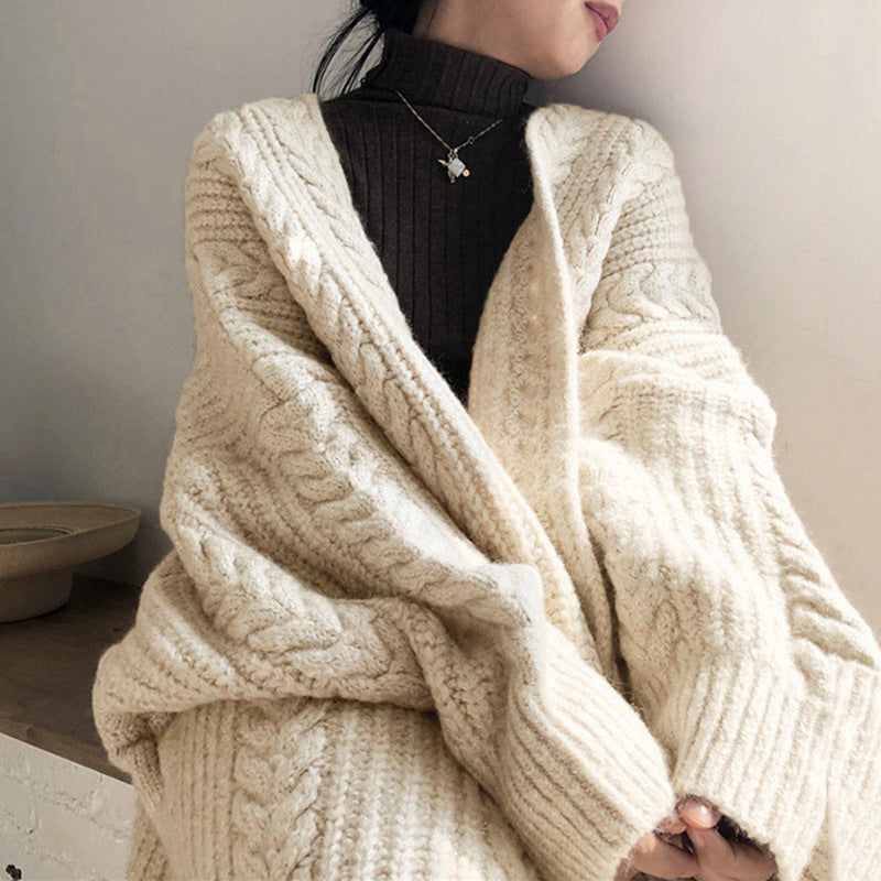 Damen Grobstrick Cardigan mit tiefem V-Ausschnitt und voluminösen Ärmeln Merchesia