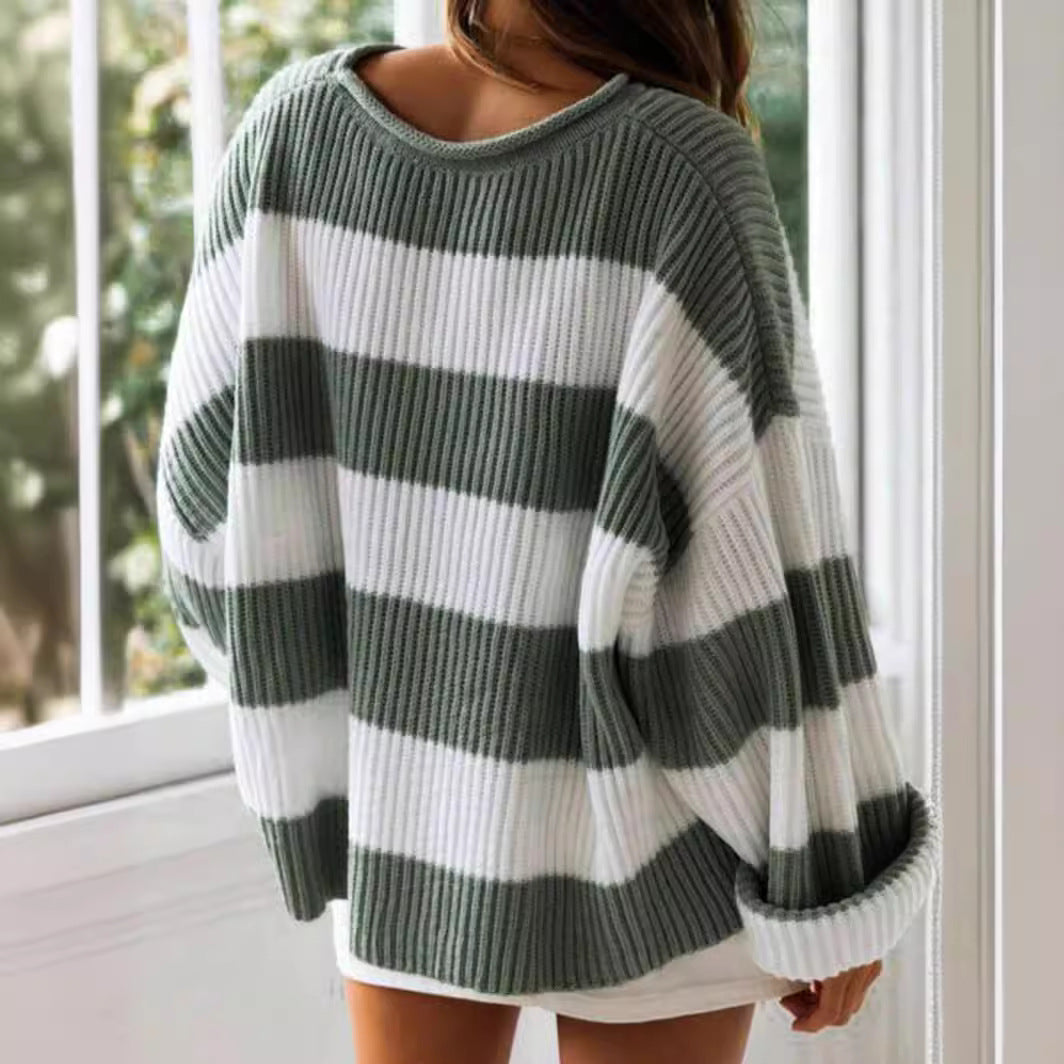 Damen gestreifter Strickpullover mit weitem Schnitt Merchesia