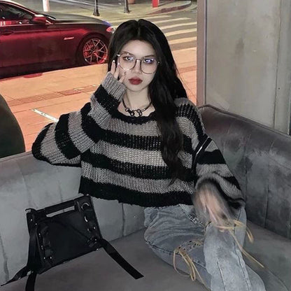 Damen lässiger Cropped Strickpullover mit Streifenmuster Merchesia