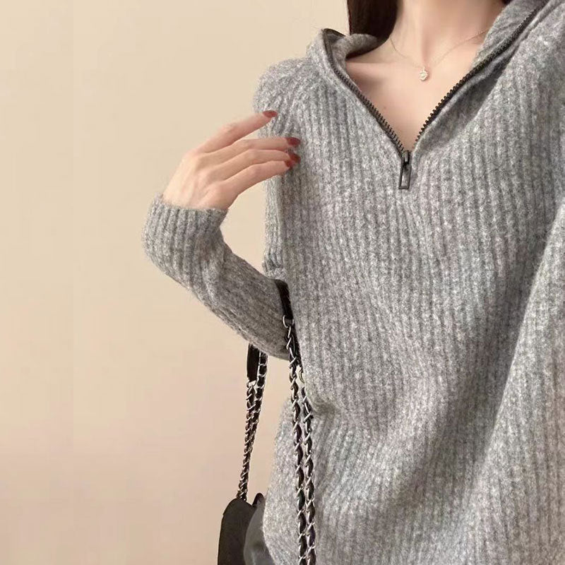 Damen lässiger Strickpullover mit hochgezogenem Kragen und Reißverschluss Merchesia