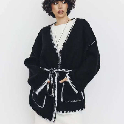 Damen gemütlicher Strickcardigan mit tiefem V-Ausschnitt und praktischen Taschen Merchesia