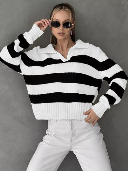 Damen Oversized Pullover mit klassischem Kragen und gestreiftem Design Merchesia