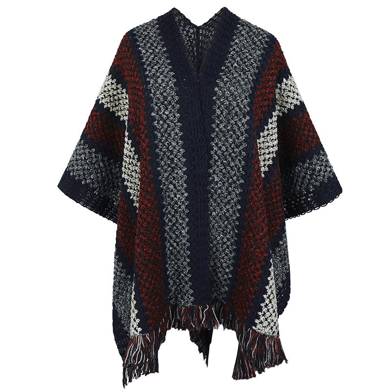 Damen Strickponcho mit V-Ausschnitt und Fransen Merchesia