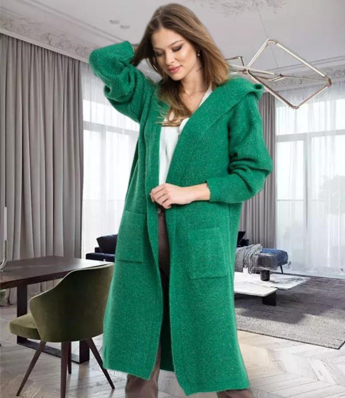 Damen Großer Strickmantel mit Kapuze und praktischen Taschen Merchesia