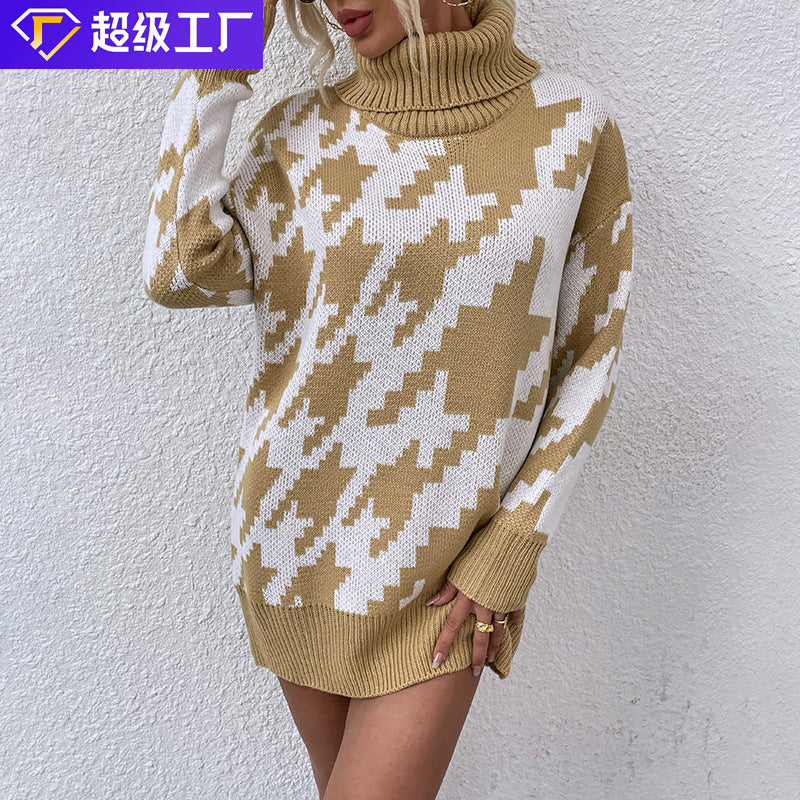 Damen Oversized Pullover mit Hohem Kragen und Modernem Muster Merchesia