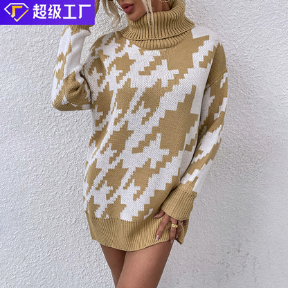 Damen Oversized Pullover mit Hohem Kragen und Modernem Muster Merchesia