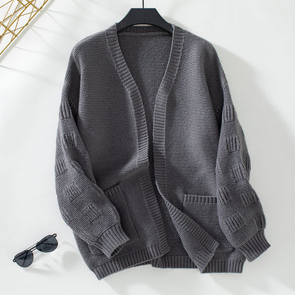 Damen weit geschnittene Strickjacke mit Taschen und strukturiertem Ärmel Merchesia