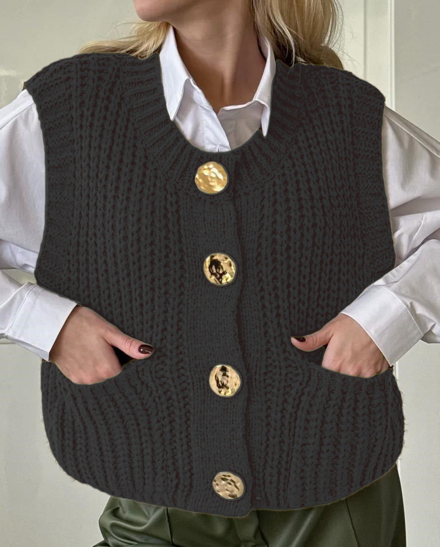 Damen gemütliche Strickweste mit großen Knöpfen und praktischen Taschen Merchesia